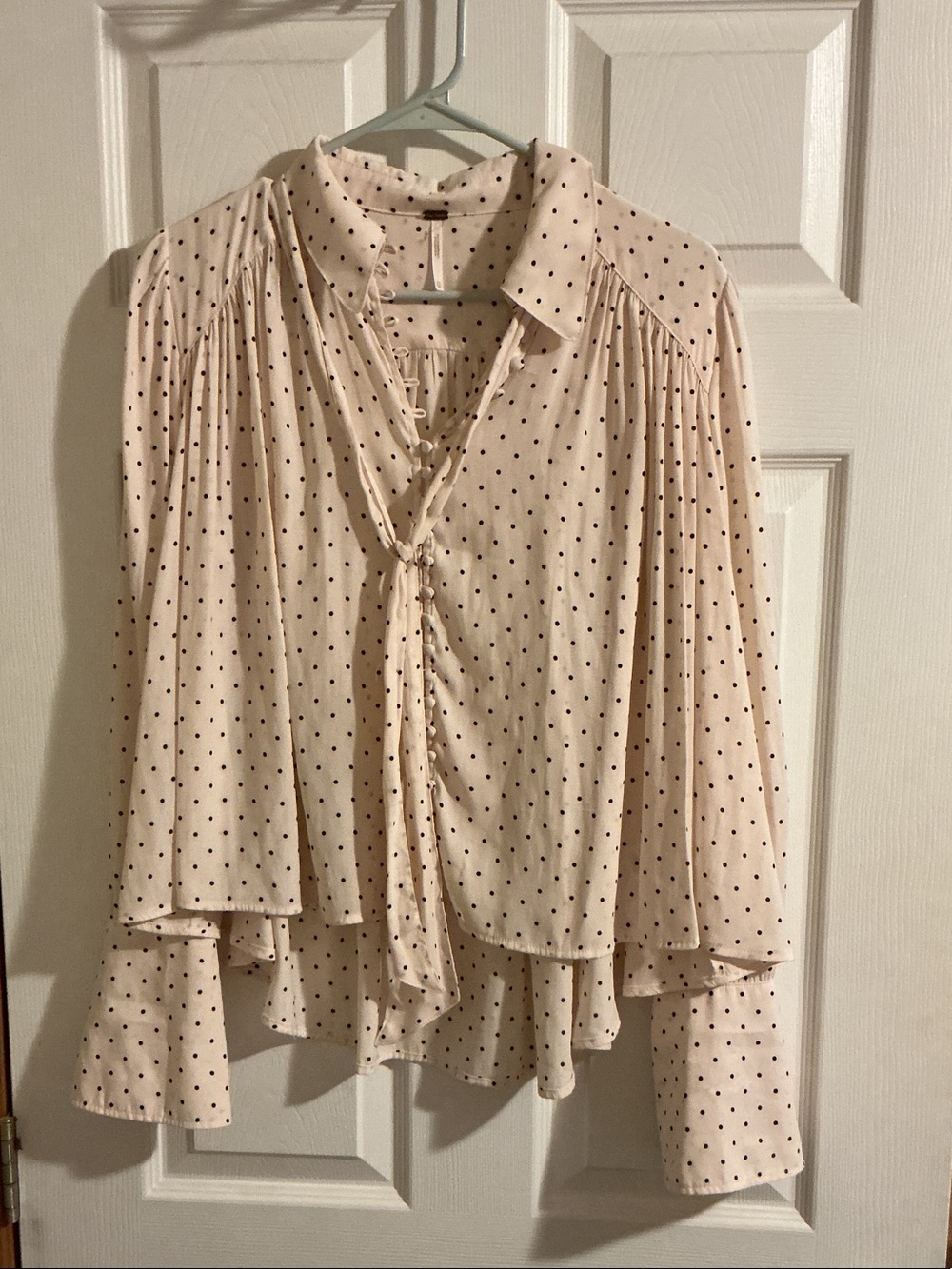 Free People Blush Pink Polka Dot Tie-Neck Blouse